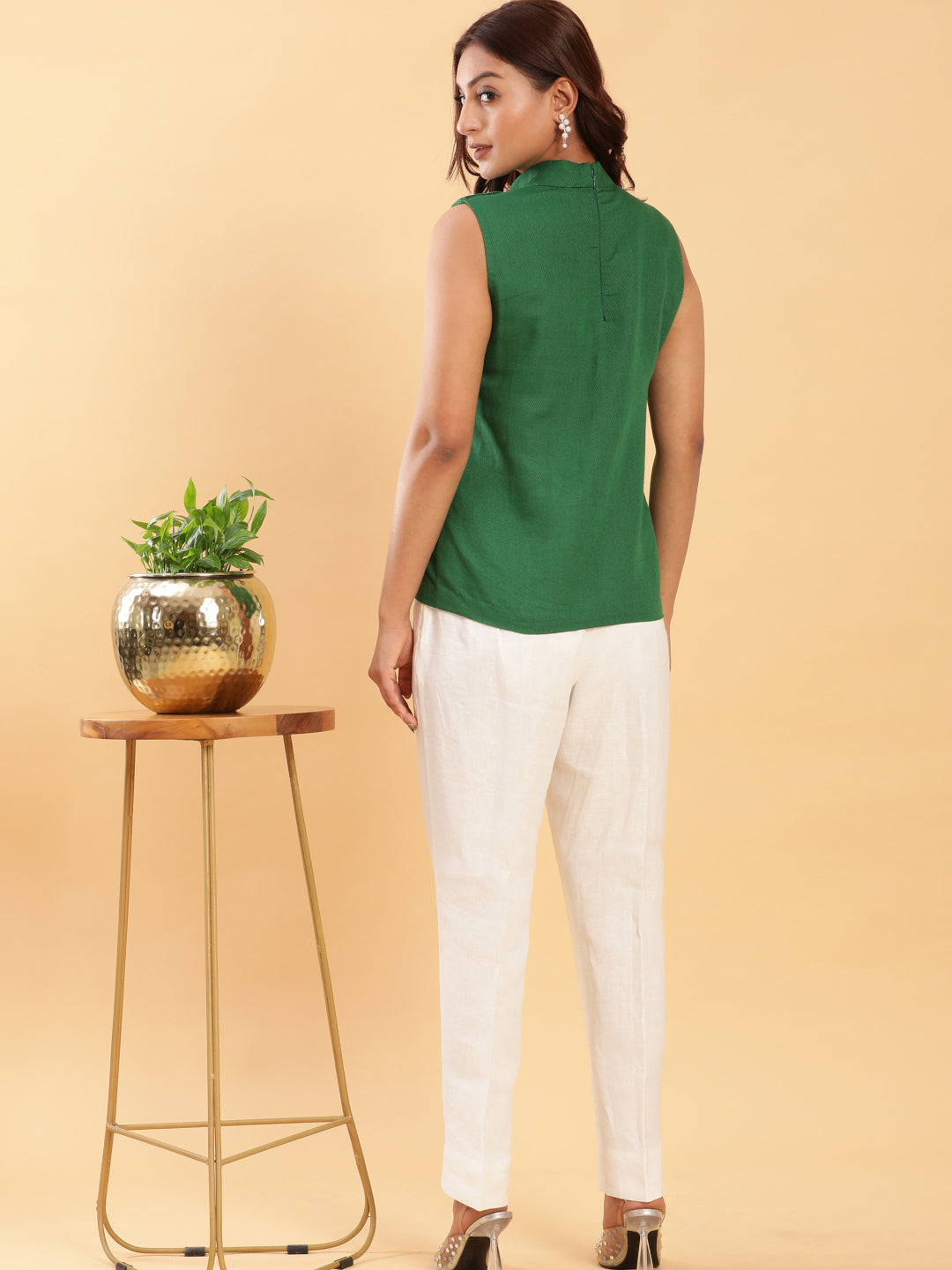 BohoJazz Green Fitted Top with Off-White Trousers Co-ord Set