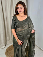 Thumbnail for Evanik Green Glass Satin Jecquard Weaving With Thread Sequence Work Saree With Blouse - Distacart