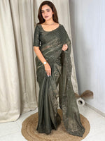 Thumbnail for Evanik Green Glass Satin Jecquard Weaving With Thread Sequence Work Saree With Blouse - Distacart