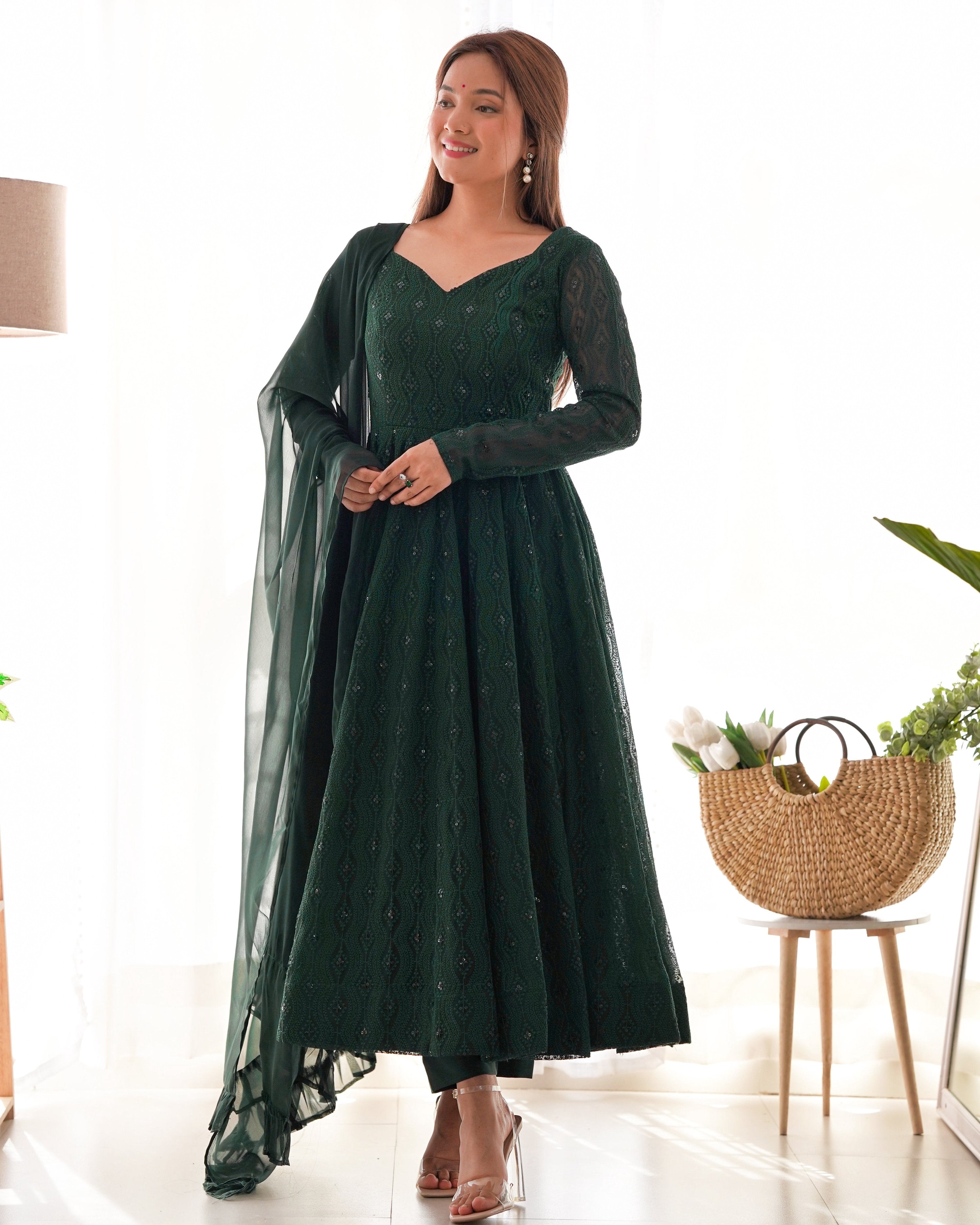Evanik Green Pure Faux Georgette Lucknowi Sequence Work Anarkali Set