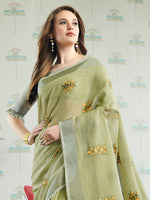 Thumbnail for Anaita Green Linen Embroidery Saree With Blouse
