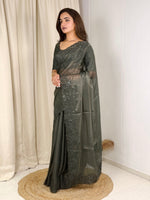 Thumbnail for Evanik Green Glass Satin Jecquard Weaving With Thread Sequence Work Saree With Blouse - Distacart