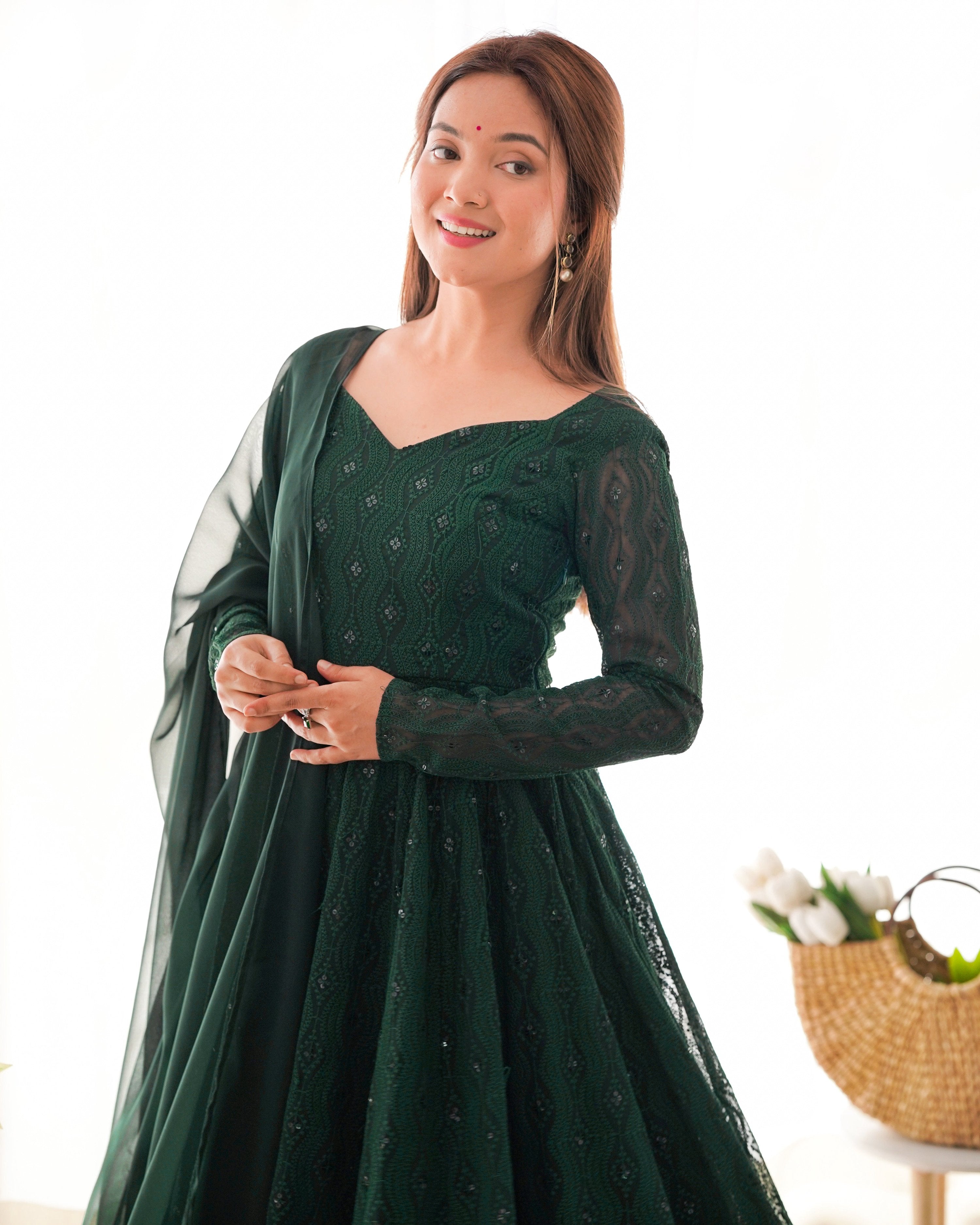 Evanik Green Pure Faux Georgette Lucknowi Sequence Work Anarkali Set