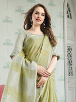 Thumbnail for Anaita Green Linen Embroidery Saree With Blouse