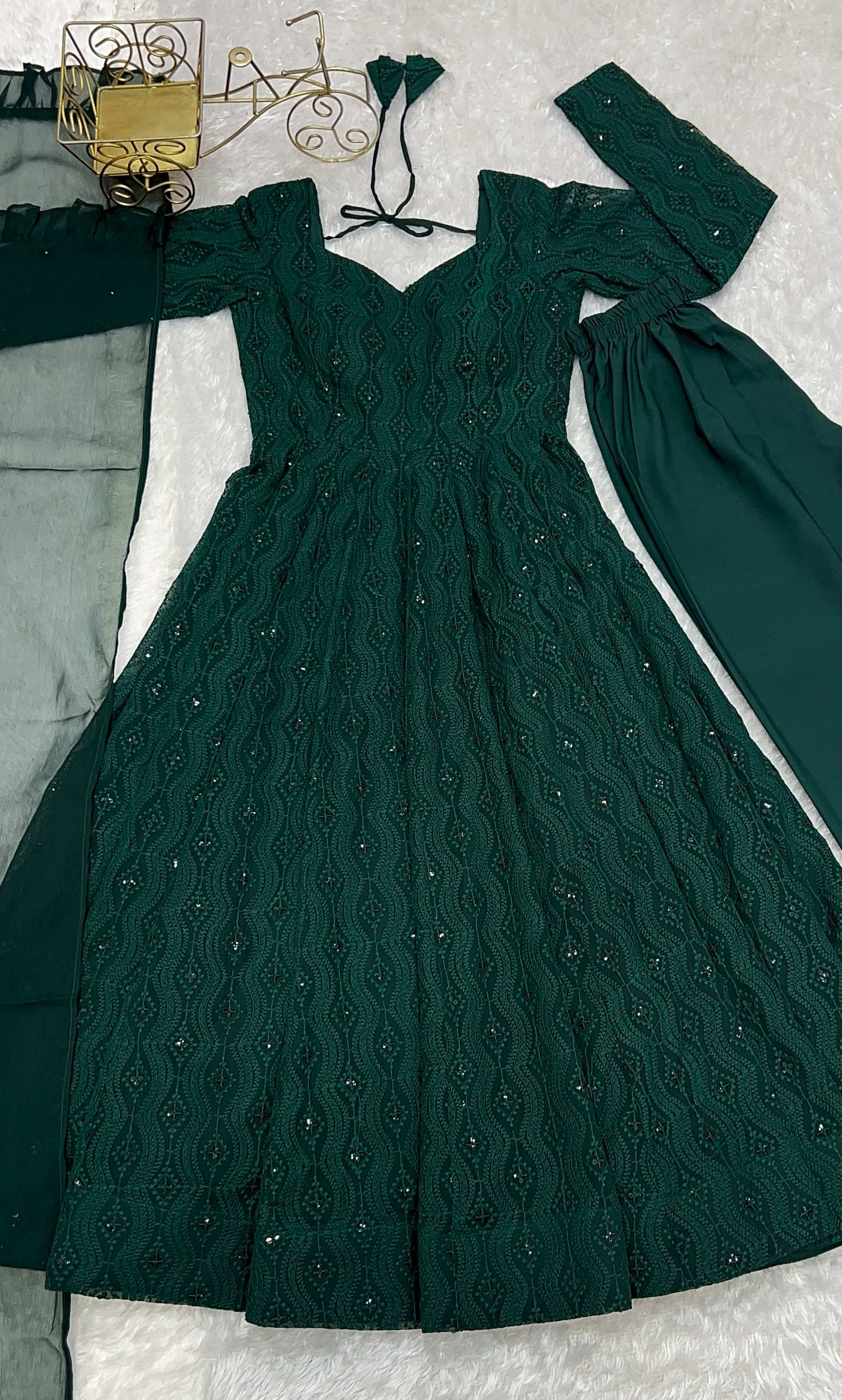 Evanik Green Pure Faux Georgette Lucknowi Sequence Work Anarkali Set