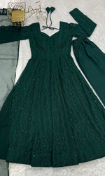 Thumbnail for Evanik Green Pure Faux Georgette Lucknowi Sequence Work Anarkali Set