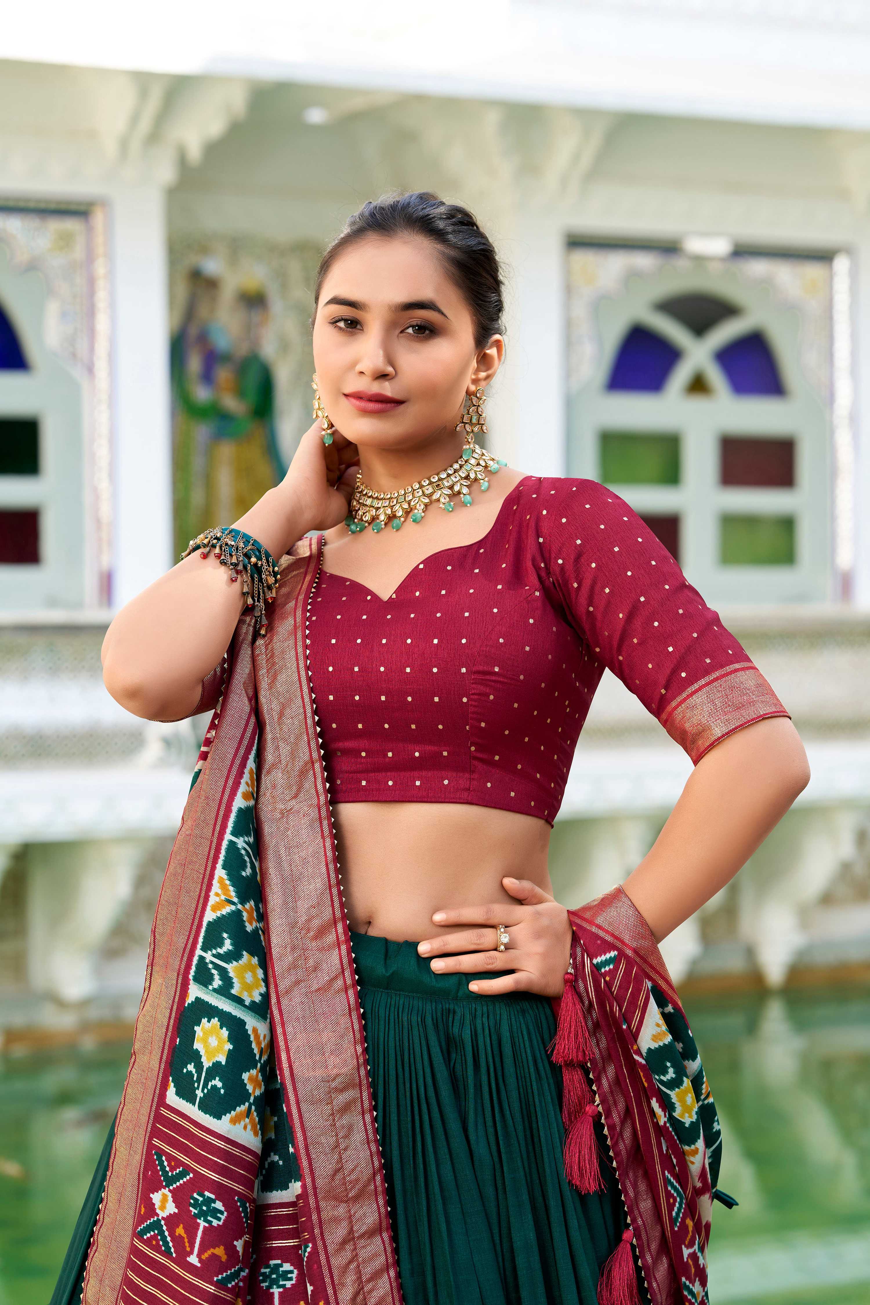 Evanik Green Traditional Style Tussar Silk Patola Print With Foil Work Unstitched Lehenga Choli