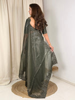 Thumbnail for Evanik Green Glass Satin Jecquard Weaving With Thread Sequence Work Saree With Blouse - Distacart