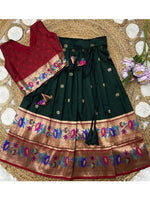 Thumbnail for Evanik Green Kids Paithani Silk Lotus Pattern Lehenga Choli - Dista