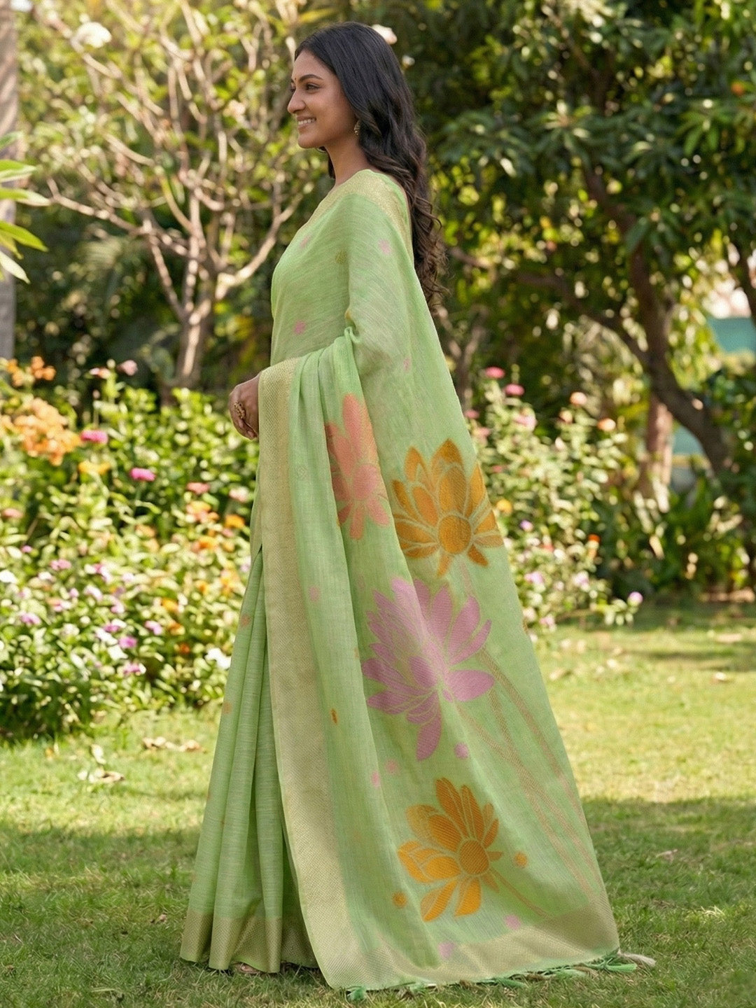 Anaita Green Linen Saree With Blouse Piece - Distacart