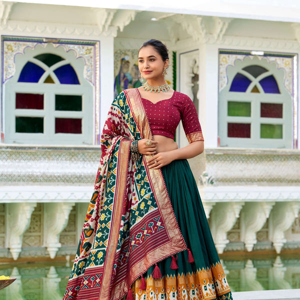 Evanik Green Traditional Style Tussar Silk Patola Print With Foil Work Unstitched Lehenga Choli