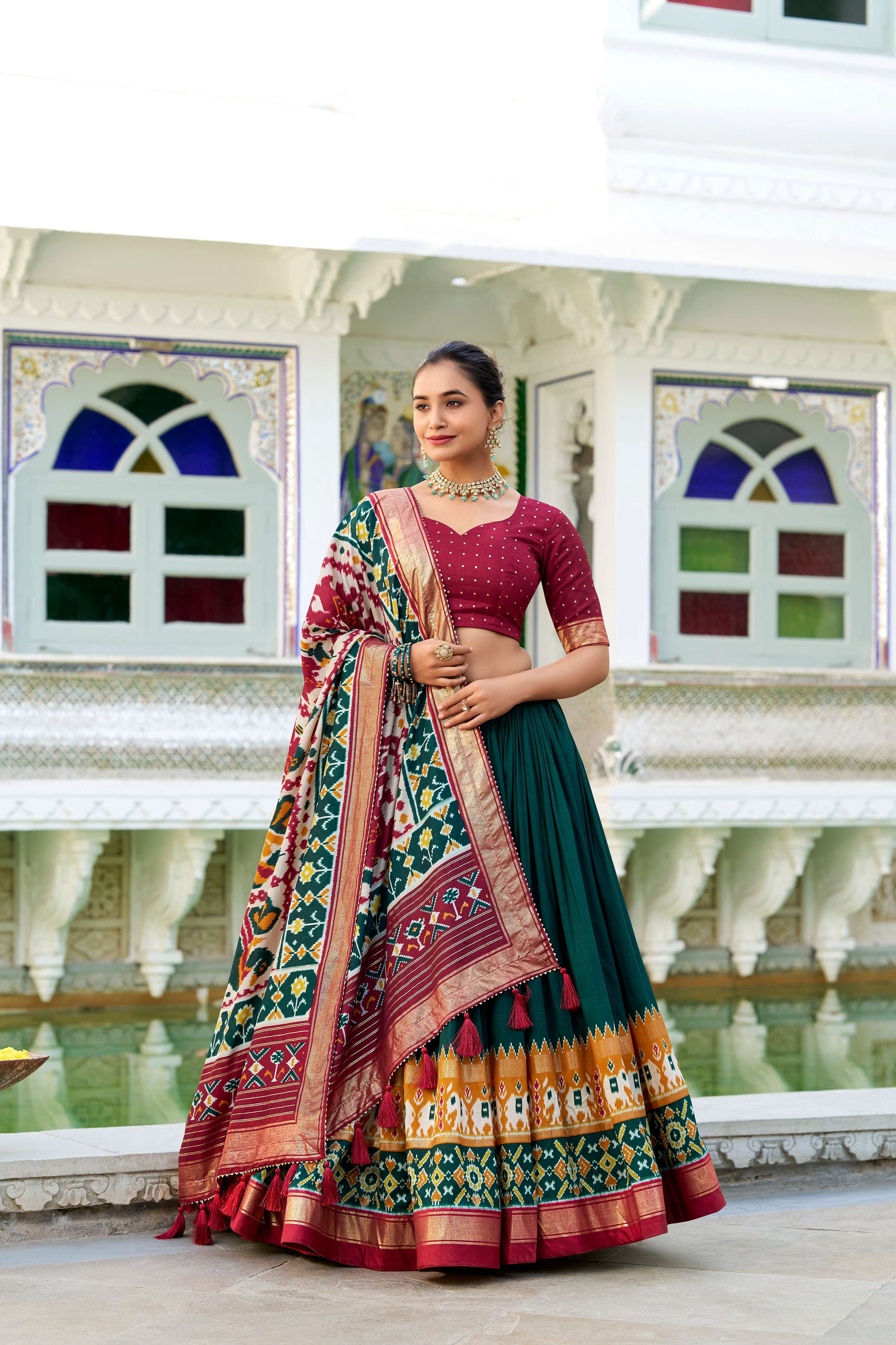Evanik Green Traditional Style Tussar Silk Patola Print With Foil Work Unstitched Lehenga Choli - Distacart