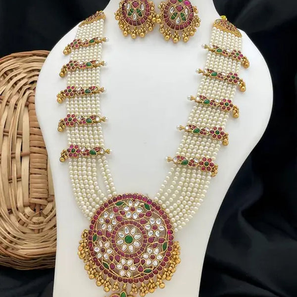 Jewel City Traditional Gold-Plated Pearl Kundan Bridal Necklace Set with Earrings | Ethnic Multi-Layered Rani Haar Jewelry - Distacart