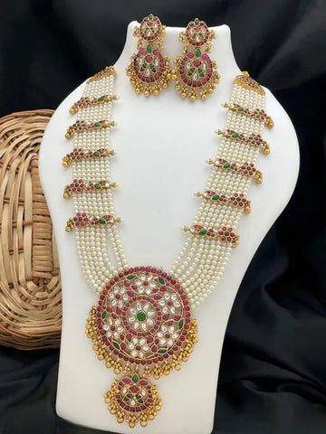 Jewel City Traditional Gold-Plated Pearl Kundan Bridal Necklace Set with Earrings | Ethnic Multi-Layered Rani Haar Jewelry - Distacart