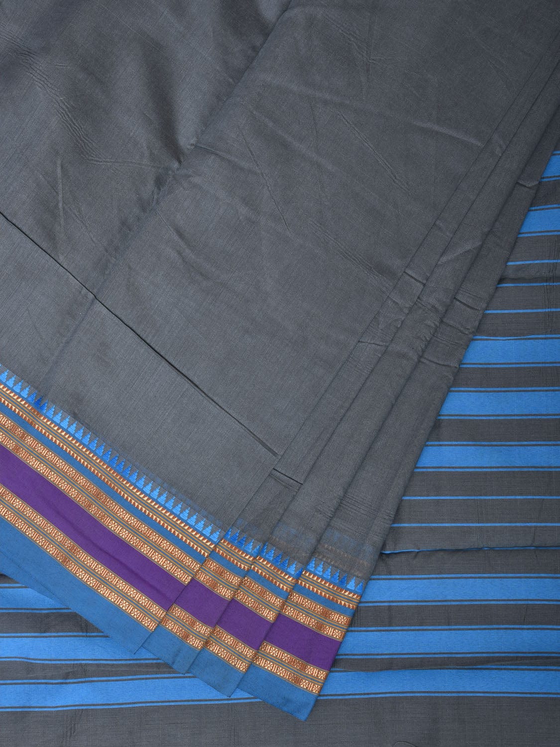 Grey and Blue Bamboo Cotton Plain Saree with Small Temple Border Design No Blouse - Global Threads - Distacart