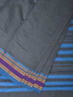 Thumbnail for Grey and Blue Bamboo Cotton Plain Saree with Small Temple Border Design No Blouse - Global Threads - Distacart
