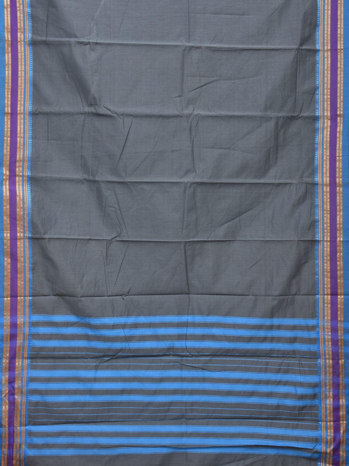 Grey and Blue Bamboo Cotton Plain Saree with Small Temple Border Design No Blouse - Global Threads - Distacart