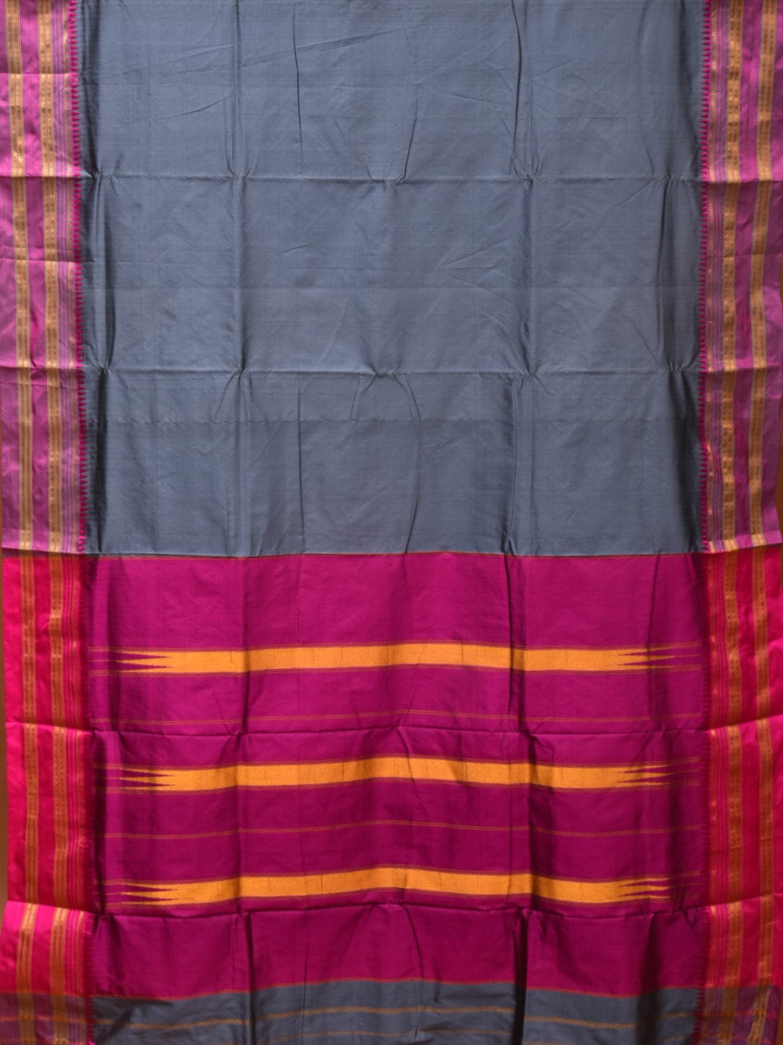 Grey and Pink Narayanpet Silk Handloom Plain Saree with Border Design No Blouse - Global Threads - Distacart