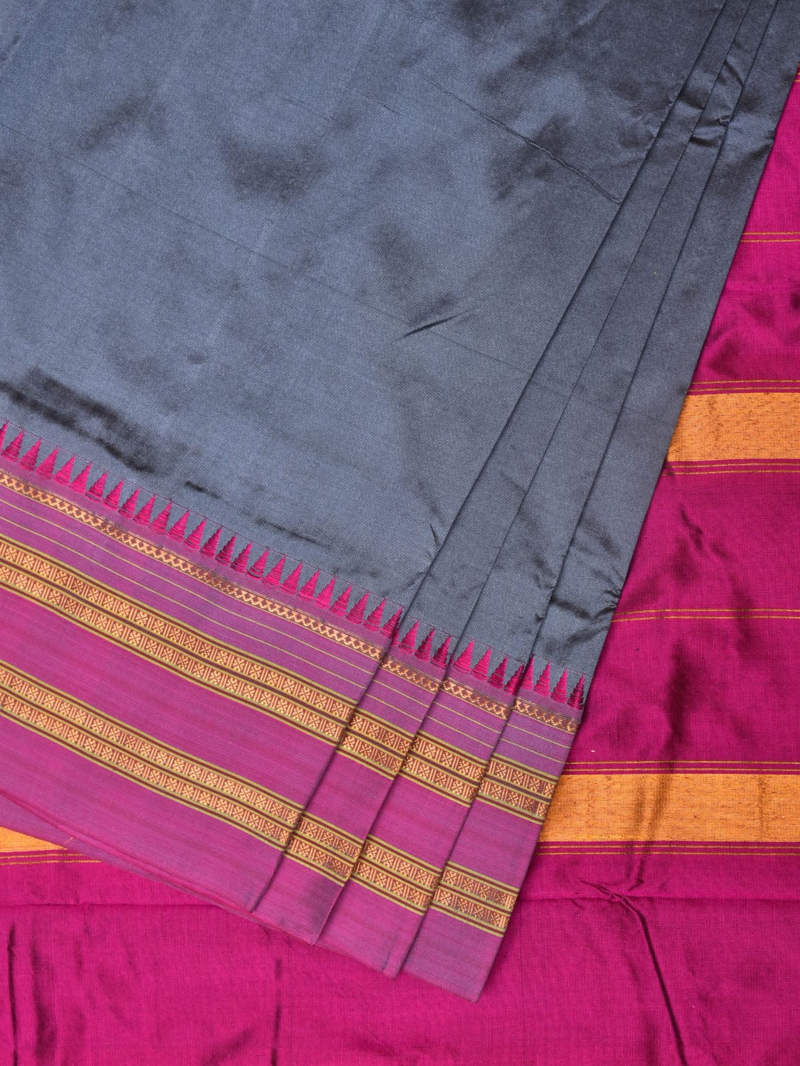 Grey and Pink Narayanpet Silk Handloom Plain Saree with Border Design No Blouse - Global Threads - Distacart