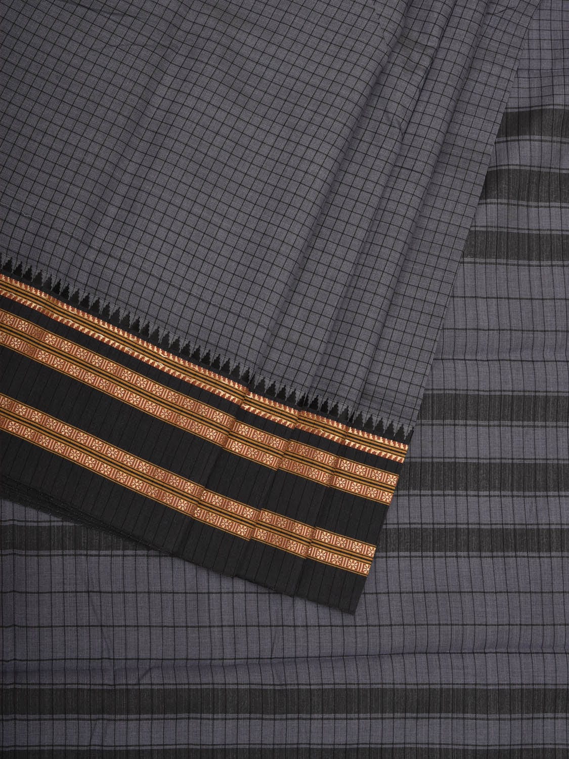 Grey Bamboo Cotton Saree with Checks Design - Global Threads - Distacart