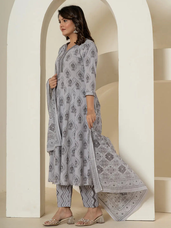 Yufta Grey Cotton Ethnic Motifs Kurta Dupatta Set