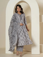 Thumbnail for Yufta Grey Cotton Ethnic Motifs Kurta Dupatta Set