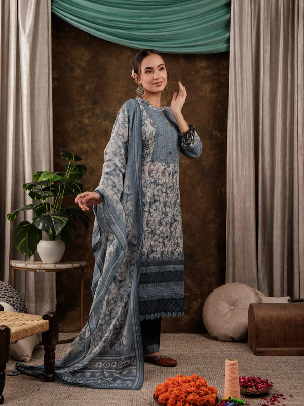 Yufta Grey Cotton Schiffli Kurta Dupatta Set With Lace Detailing