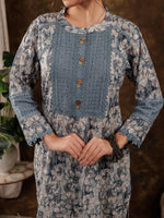 Thumbnail for Yufta Grey Cotton Schiffli Kurta Dupatta Set With Lace Detailing