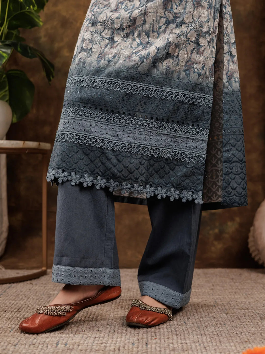 Yufta Grey Cotton Schiffli Kurta Dupatta Set With Lace Detailing