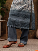 Thumbnail for Yufta Grey Cotton Schiffli Kurta Dupatta Set With Lace Detailing