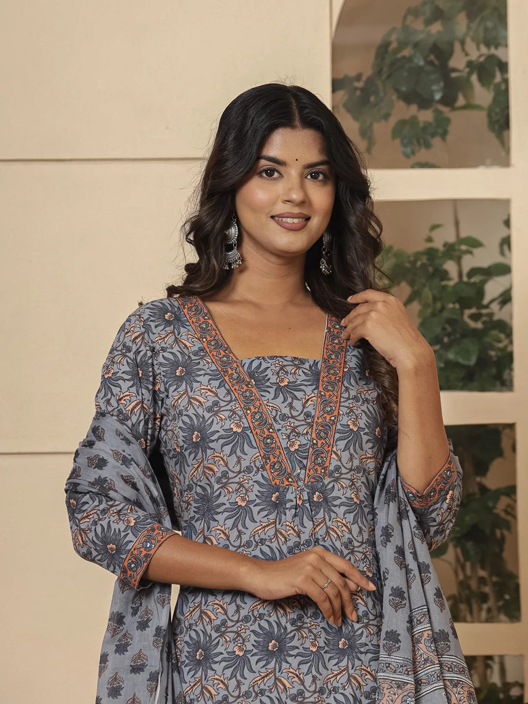 Yufta Grey Cotton Sequins_Work Kurta Dupatta Set - Distacart