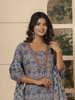 Thumbnail for Yufta Grey Cotton Sequins_Work Kurta Dupatta Set - Distacart