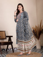 Thumbnail for Yufta Grey Cotton Straight Kurta Dupatta Pant Set