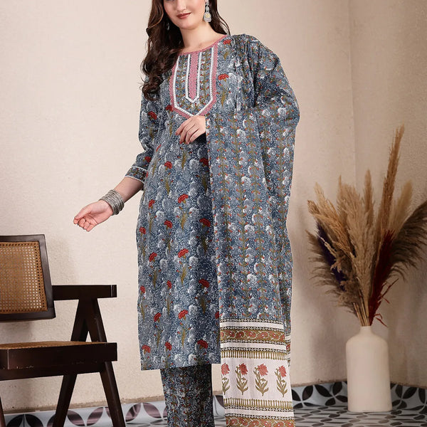 Yufta Grey Cotton Straight Kurta Dupatta Pant Set - Distacart