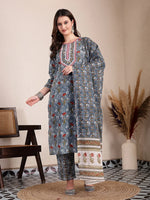 Thumbnail for Yufta Grey Cotton Straight Kurta Dupatta Pant Set