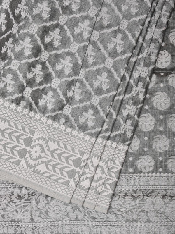 Grey Cut Work Tussar Cotton Saree with All Over Jamdani Style Design - Global Threads - Distacart