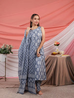 Thumbnail for Yufta Grey Ethnic Motifs Cotton A-Line Kurta Trouser & Dupatta Set