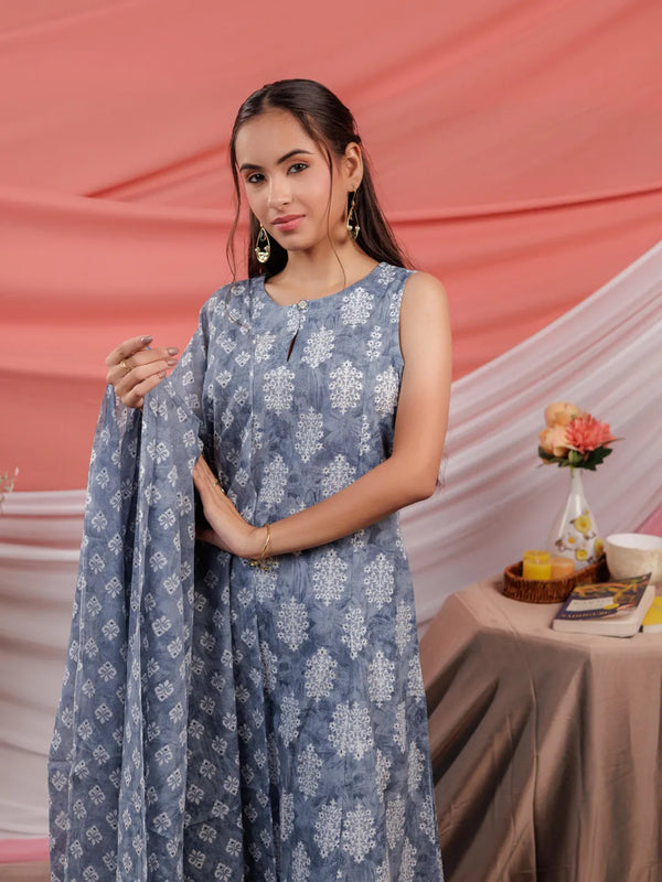 Yufta Grey Ethnic Motifs Cotton A-Line Kurta Trouser & Dupatta Set