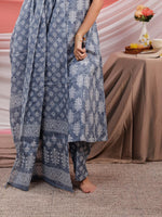 Thumbnail for Yufta Grey Ethnic Motifs Cotton A-Line Kurta Trouser & Dupatta Set