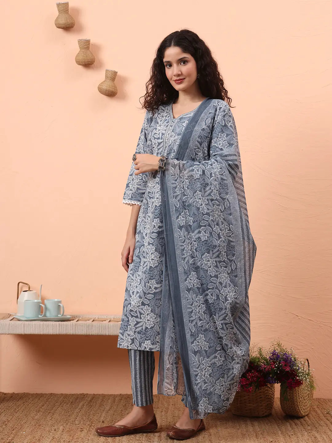 Yufta Grey Ethnic Motifs Pure Cotton Straight Kurta Pant Set - Distacart