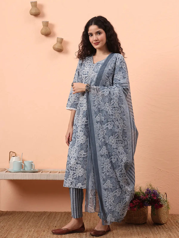 Yufta Grey Ethnic Motifs Pure Cotton Straight Kurta Pant Set