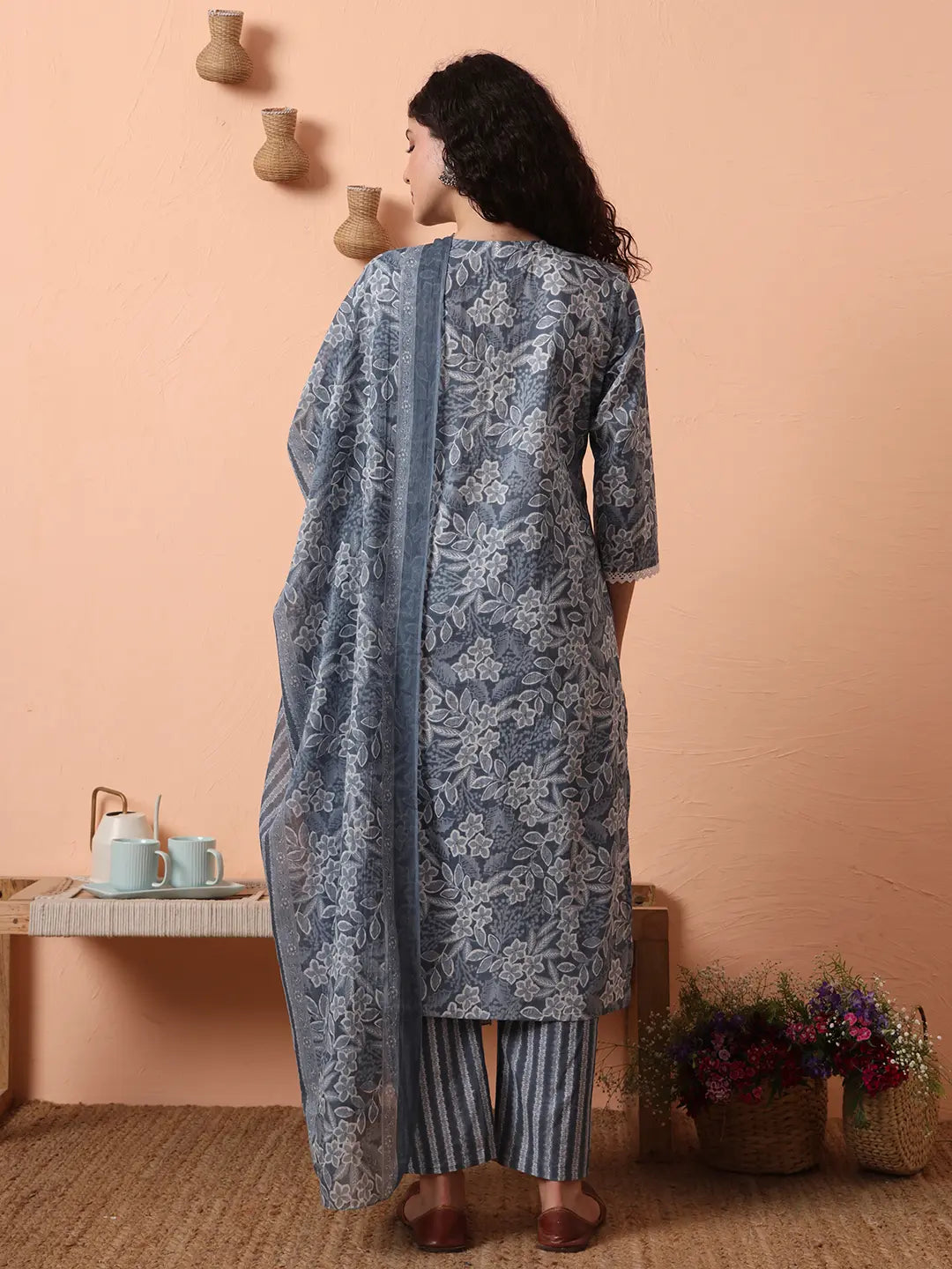 Yufta Grey Ethnic Motifs Pure Cotton Straight Kurta Pant Set