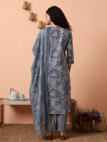 Thumbnail for Yufta Grey Ethnic Motifs Pure Cotton Straight Kurta Pant Set