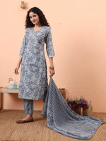 Thumbnail for Yufta Grey Ethnic Motifs Pure Cotton Straight Kurta Pant Set