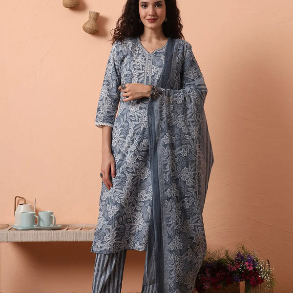 Yufta Grey Ethnic Motifs Pure Cotton Straight Kurta Pant Set - Distacart