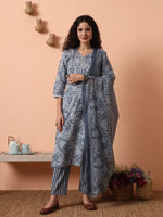 Thumbnail for Yufta Grey Ethnic Motifs Pure Cotton Straight Kurta Pant Set