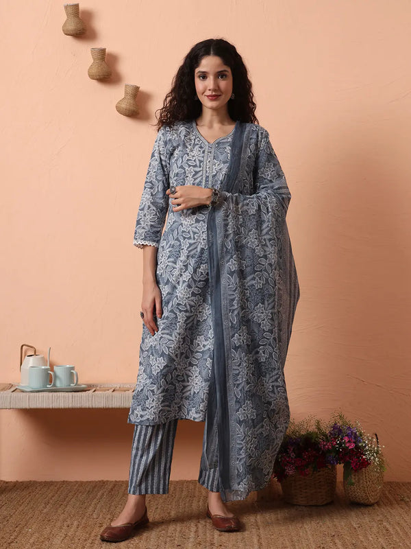 Yufta Grey Ethnic Motifs Pure Cotton Straight Kurta Pant Set