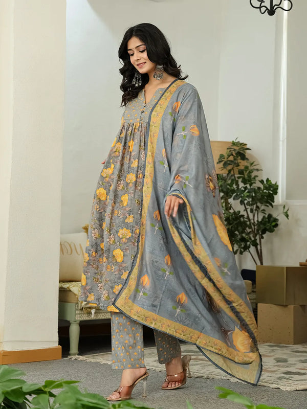 Yufta Grey Floral Print ALine Kurta Trouser Dupatta Set