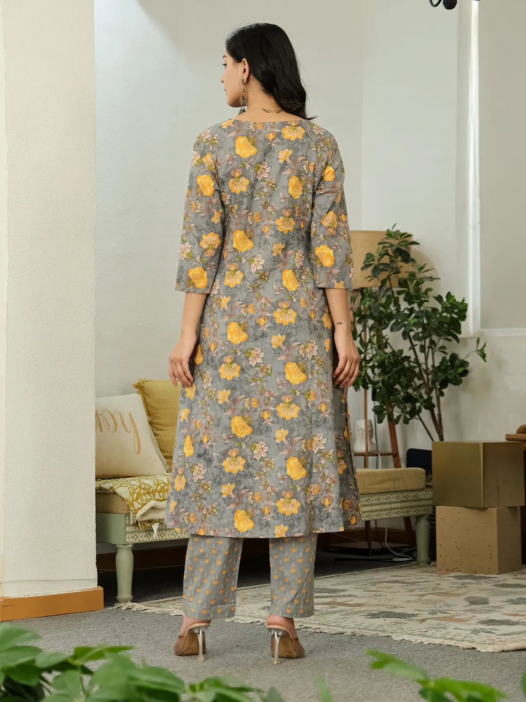 Yufta Grey Floral Print ALine Kurta Trouser Dupatta Set