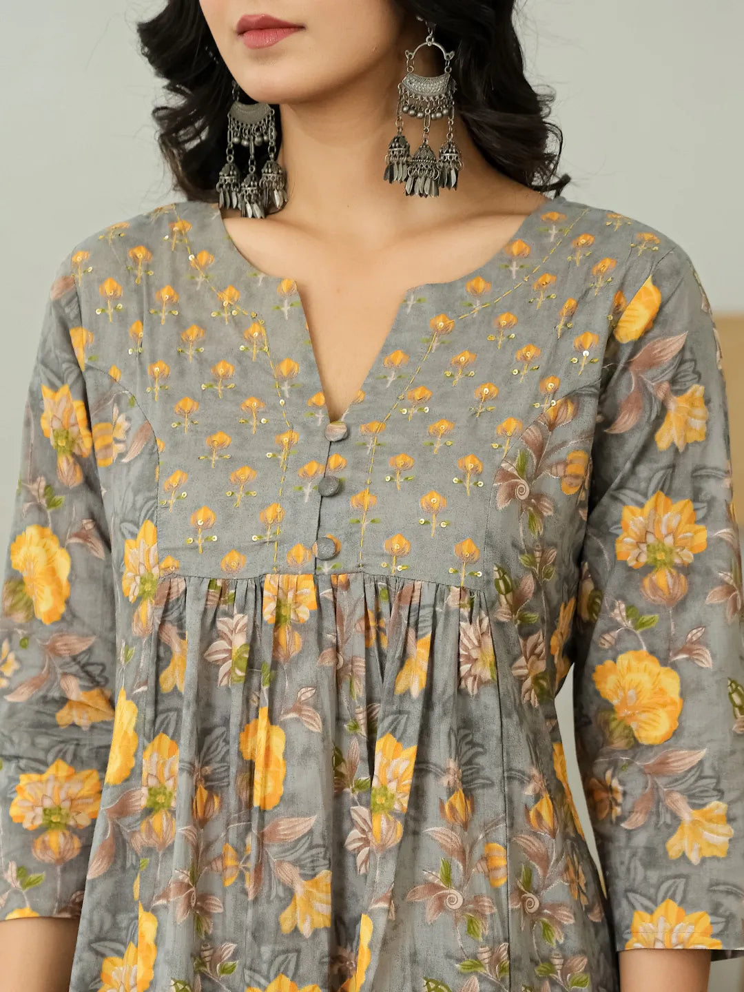 Yufta Grey Floral Print ALine Kurta Trouser Dupatta Set